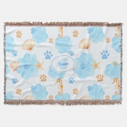 Ocean Inspiriert Paw Print Pattern mit Seepferden Decke (Vorderseite)