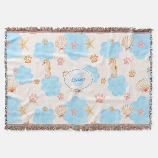 Ocean Inspiriert Paw Print Pattern mit Seepferden Decke (Vorderseite)