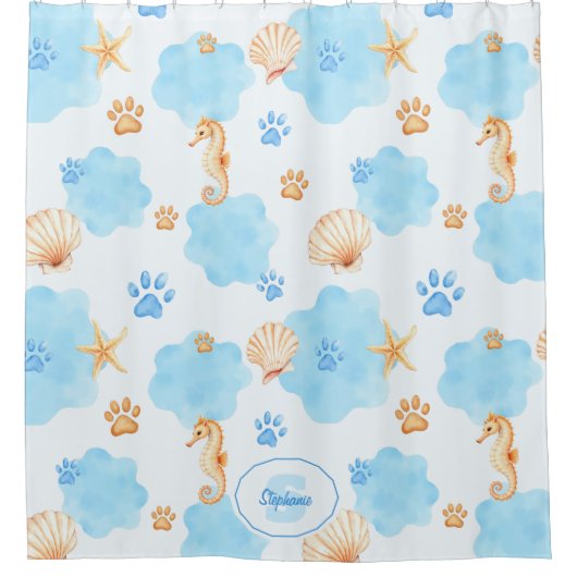 Ocean Inspiriert Paw Print Pattern mit Seepferden Duschvorhang (Vorderseite)