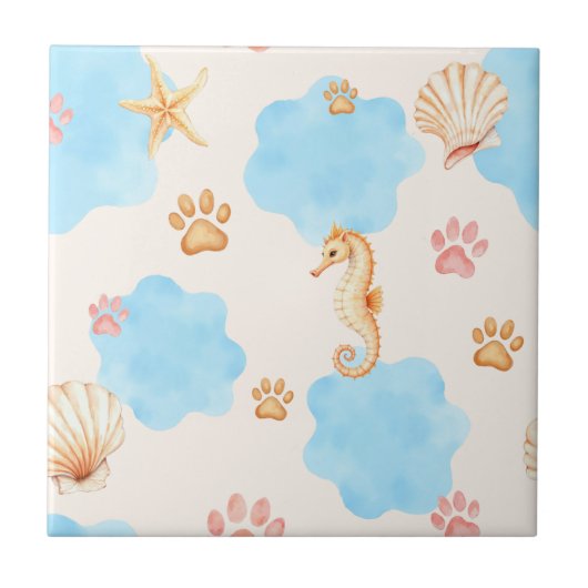 Ocean Inspiriert Paw Print Pattern mit Seepferden  Fliese (Vorderseite)