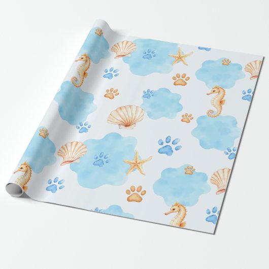 Ocean Inspiriert Paw Print Pattern mit Seepferden Geschenkpapier (Ungerollt)