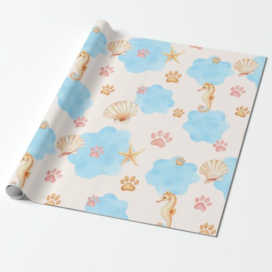 Ocean Inspiriert Paw Print Pattern mit Seepferden Geschenkpapier (Ungerollt)