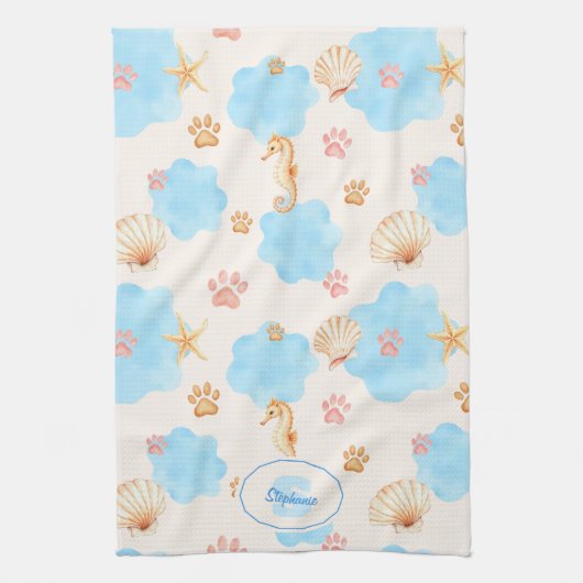 Ocean Inspiriert Paw Print Pattern mit Seepferden Geschirrtuch (Vertikal)
