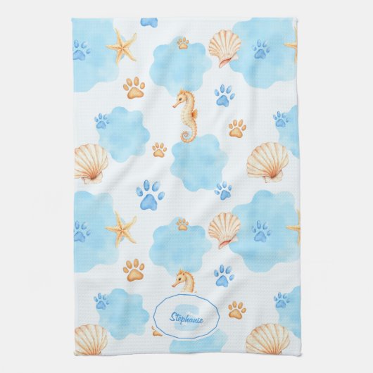 Ocean Inspiriert Paw Print Pattern mit Seepferden Geschirrtuch (Vertikal)