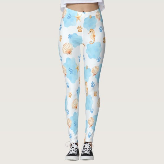 Ocean Inspiriert Paw Print Pattern mit Seepferden Leggings (Vorderseite)