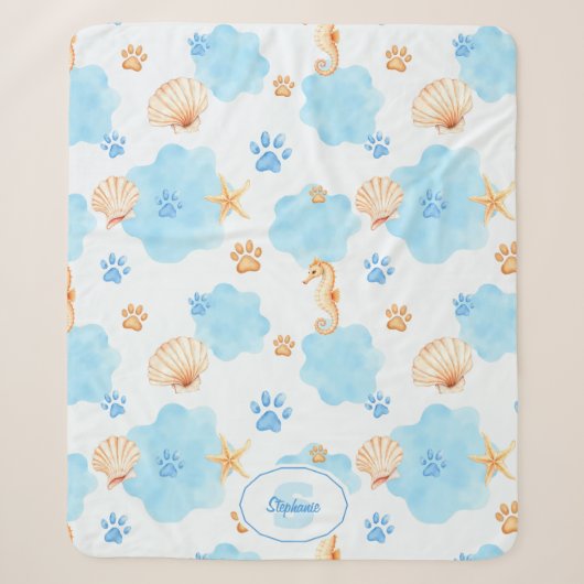 Ocean Inspiriert Paw Print Pattern mit Seepferden Sherpadecke (Vorderseite)