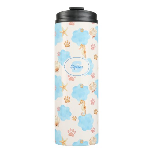 Ocean Inspiriert Paw Print Pattern mit Seepferden Thermosbecher (Vorderseite)