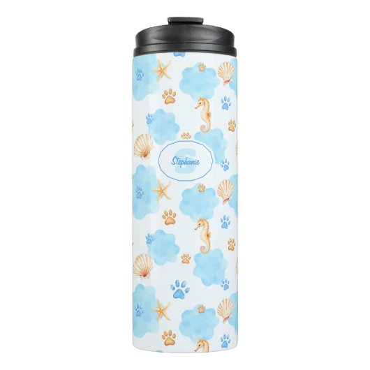 Ocean Inspiriert Paw Print Pattern mit Seepferden Thermosbecher (Vorderseite)