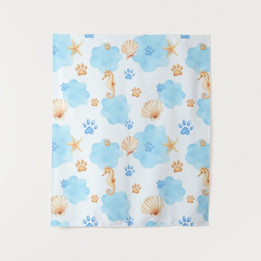 Ocean Inspiriert Paw Print Pattern mit Seepferden Wandteppich (Vorderseite)