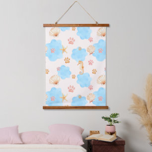 Ocean Inspiriert Paw Print Pattern mit Seepferden  Wandteppich Mit Holzrahmen