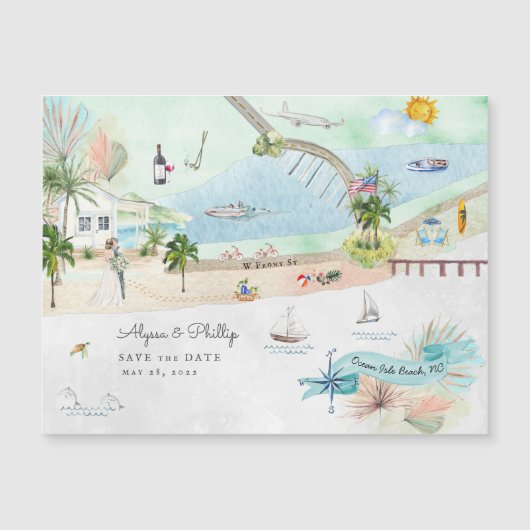 Ocean Isle Beach | North Carolina Illustrierte Kar Magnetkarte (Vorderseite)