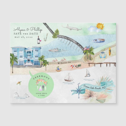 Ocean Isle Beach | North Carolina Illustrierte Kar Magnetkarte (Vorderseite)