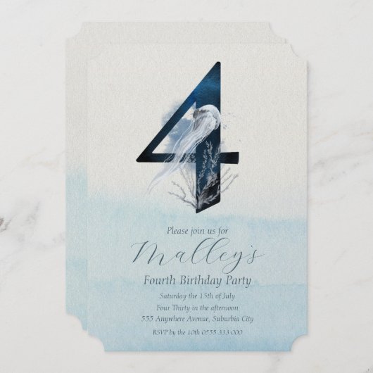 Ocean Jellyfish Age Number Four 4th Birthday Einladung (Vorne/Hinten)