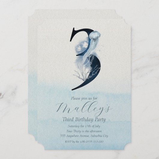 Ocean Jellyfish Age Number Three 3 Birthday Einlad Einladung (Vorne/Hinten)