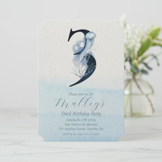 Ocean Jellyfish Age Number Three 3 Birthday Einlad Einladung (Stehend Vorderseite)