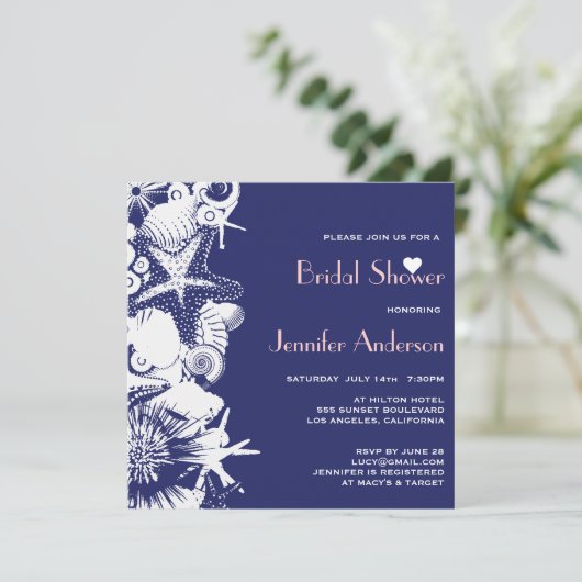 Ocean Liebe Navy Seashells Chic Brautparty Einladung (Stehend Vorderseite)