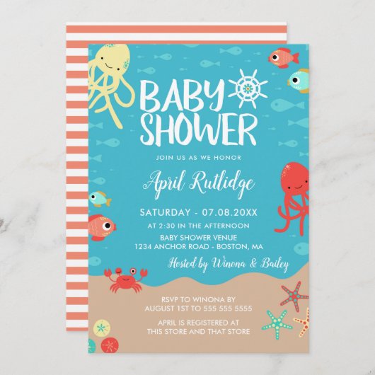 Ocean Life Nautical Baby Dusche Einladung (Vorne/Hinten)