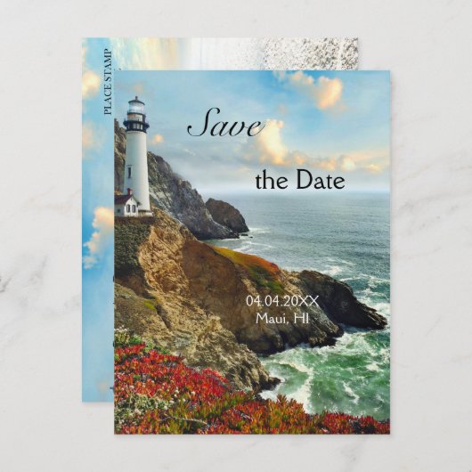 Ocean Lighthouse Save the Date Postkarte (Vorne/Hinten)