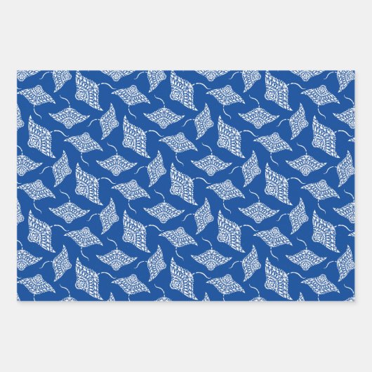 Ocean Manta Rays Polynesischer Stil Blau Weiß Geschenkpapier Set (Vorderseite 2)
