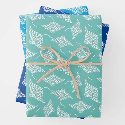 Ocean Manta Rays Polynesischer Stil Blau Weiß Geschenkpapier Set (Beispiel)