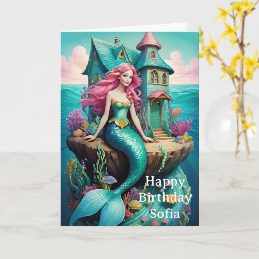 Ocean Mermaid Happy Birthday Karte (Gelbe Blume)