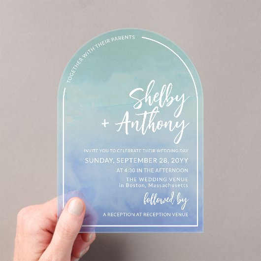 Ocean Mist Blue Aquamarin Arch Frame Wedding Acryleinladungen (Insitu (Handheld))