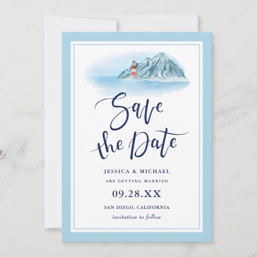 Ocean Mountain Lighthouse Blue Watercolor Wedding Save The Date (Vorderseite)