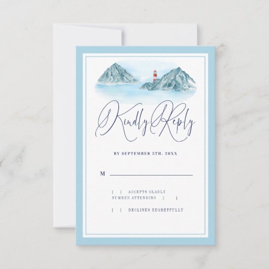 Ocean Mountain Lighthouse Light Blue Wedding RSVP Karte (Vorderseite)