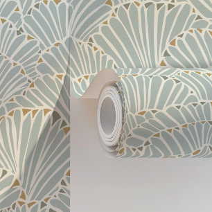 Ocean Muschel Fan Art Deco in Soft Blue & Gold Tapete