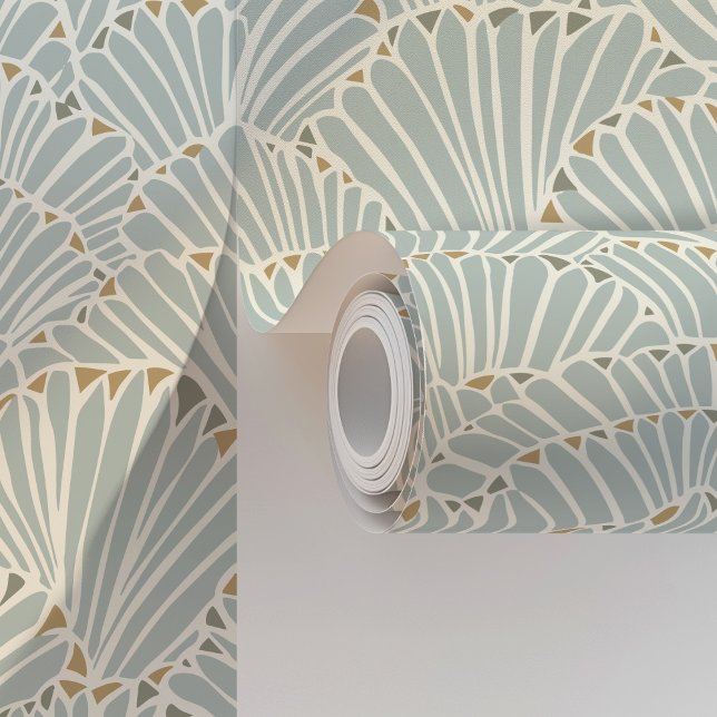 Ocean Muschel Fan Art Deco in Soft Blue & Gold Tapete (Von Creator hochgeladen)