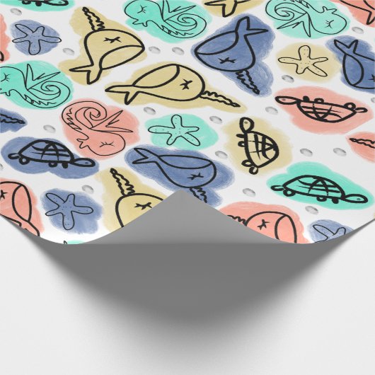 Ocean Narwhale Seepferd Turtle Doodles Geschenkpapier (Ecke)