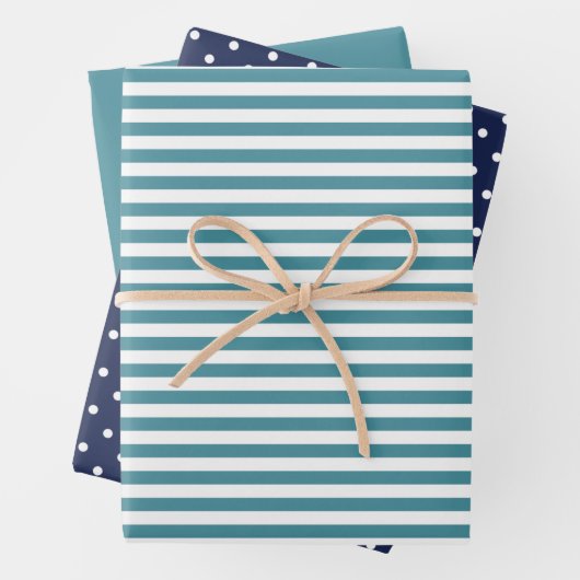 Ocean Navy Blue & Dark Cyan Stripe Polka Dot Schli Geschenkpapier Set (Beispiel)