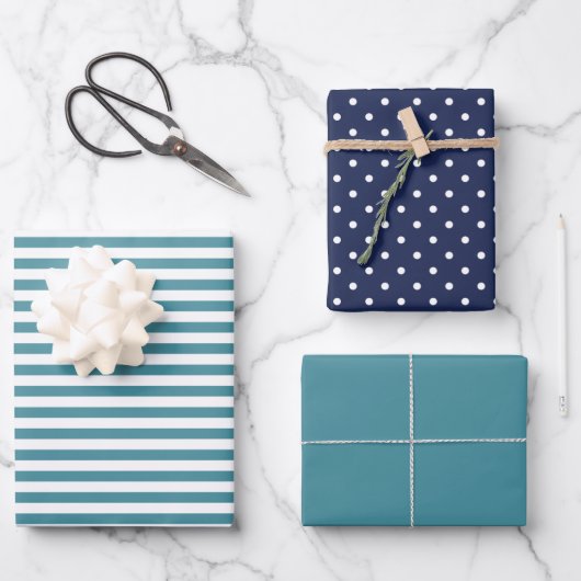 Ocean Navy Blue & Dark Cyan Stripe Polka Dot Schli Geschenkpapier Set (Vorderseite)