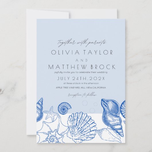 Ocean Navy Blue Muscheln Moderne Hochzeiten Einladung (Vorderseite)