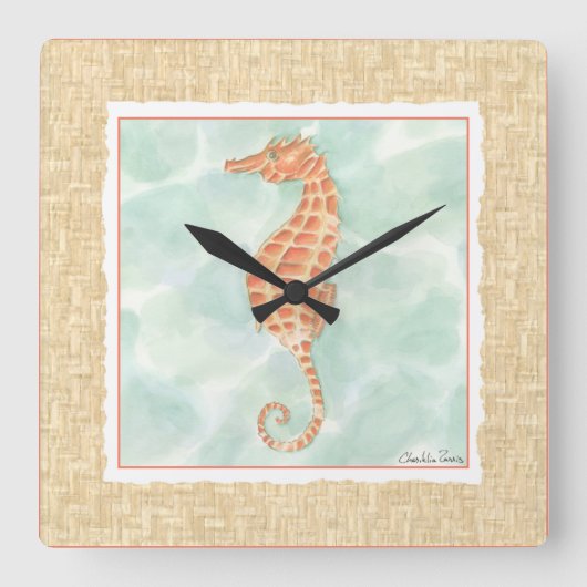 Ocean Orange Seahorse Quadratische Wanduhr (Vorderseite)