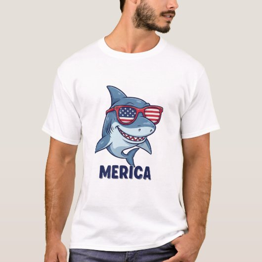 Ocean Patriot 'Merica Shark Fun Nautical Flag Art T-Shirt (Vorderseite)