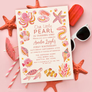 Ocean Pearl Sea Creatures Girl 1. Geburtstag Einladung