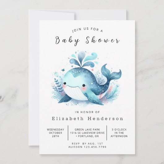 Ocean Printable Whale Baby Dusche Einladung (Vorderseite)