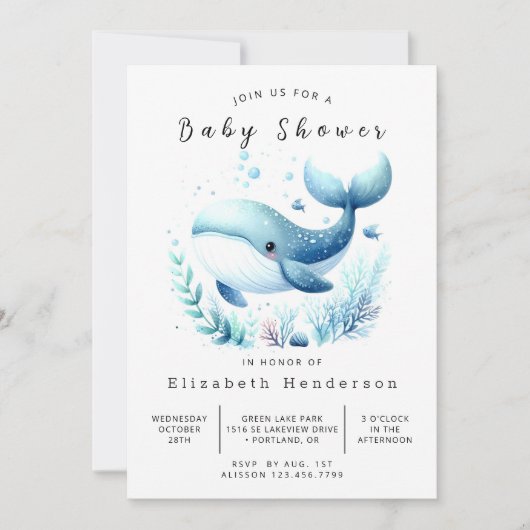 Ocean Printable Whale Baby Dusche Einladung (Vorderseite)