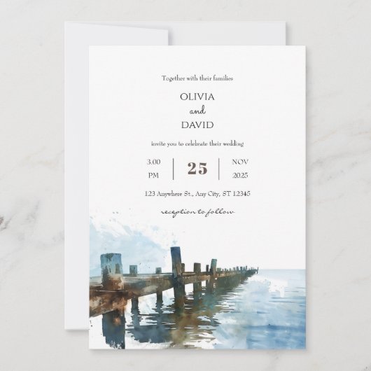 Ocean Rustic Holz Pier Wasserfarbe Strand Hochzeit Einladung (Vorderseite)