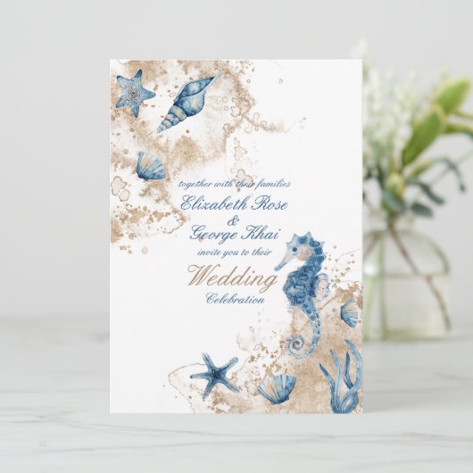 Ocean Sea Beach Seepferd Nautical Wedding Einladung (Stehend Vorderseite)