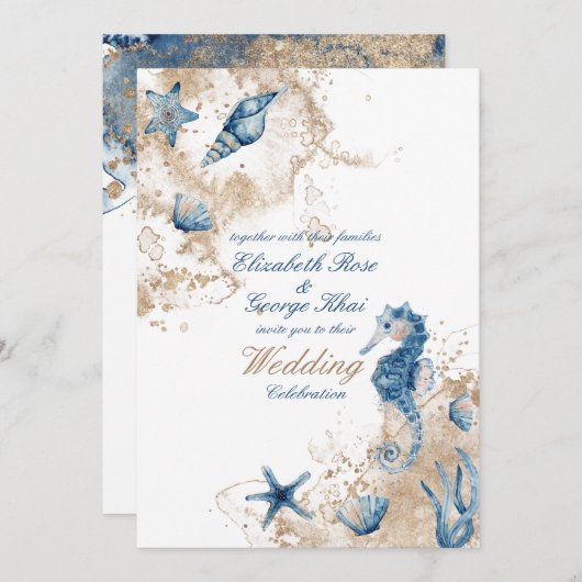 Ocean Sea Beach Seepferd Nautical Wedding Einladung (Vorne/Hinten)