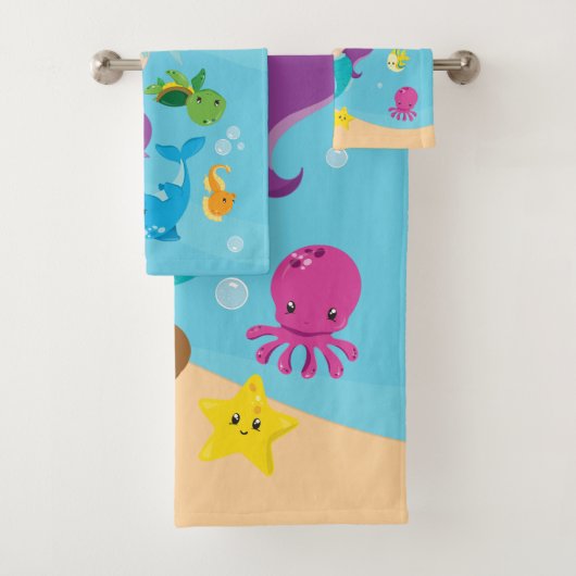 Ocean Sea Friends Niedlicher Cartoon Mermaid & Tre Badhandtuch Set (Insitu)