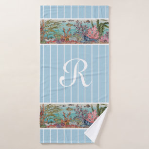 Ocean Sea Life Fish Blue Monogram Beach House Badehandtuch