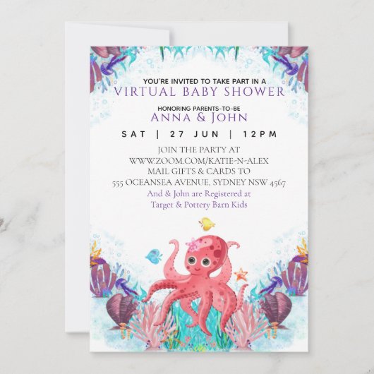 Ocean Sea Octopus farbenfrohe Virtual Baby Dusche Einladung (Vorderseite)