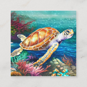 OCEAN Sea Turtle Watercolor Malerei Hyper Realist Quadratische Visitenkarte