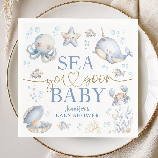 Ocean Sea You Soon Baby Shower Boy Blue Paper Serviette
