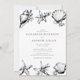 Ocean Seashell Modern Minimal Black White Wedding  Einladung