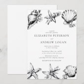 Ocean Seashell Modern Minimal Black White Wedding  Einladung (Vorne/Hinten)