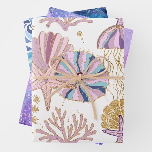 Ocean Seashells Starfish Blue Lila Gold Pink Geschenkpapier Set (Beispiel)